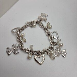 Silver Charm Bracelet with Heart Angels and Pearl Accents